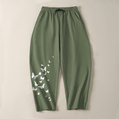 Buddha Stones Pure Cotton White Butterfly Cluster Pattern Drawstring Men's Tapered Pants With Pockets - image 9