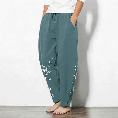 Buddha Stones Pure Cotton White Butterfly Cluster Pattern Drawstring Men's Tapered Pants With Pockets - image 12