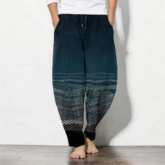 Buddha Stones Pure Cotton Tribal Wave Pattern Drawstring Men's Tapered Pants With Pockets - Teal - US/UK/AU50，EU60 (5XL) - image 0