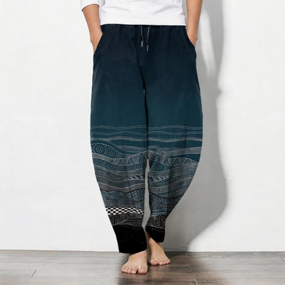 Buddha Stones Pure Cotton Tribal Wave Pattern Drawstring Men's Tapered Pants With Pockets - Teal - US/UK/AU50，EU60 (5XL) - image 0