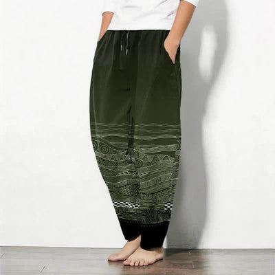 Buddha Stones Pure Cotton Tribal Wave Pattern Drawstring Men's Tapered Pants With Pockets - image 12
