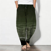 Foviel Pure Cotton Tribal Wave Pattern Drawstring Men's Tapered Pants With Pockets