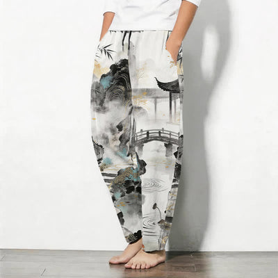 Buddha Stones Pure Cotton Ink Landscape Bamboo Pattern Drawstring Men's Tapered Pants With Pockets - image 1