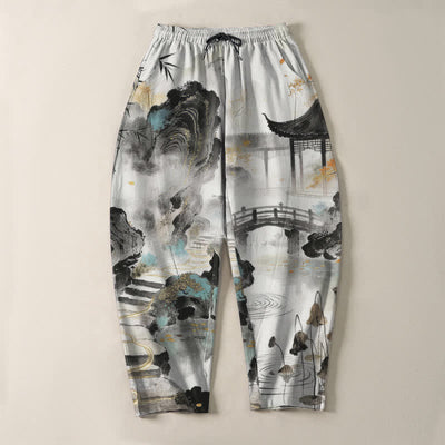 Buddha Stones Pure Cotton Ink Landscape Bamboo Pattern Drawstring Men's Tapered Pants With Pockets - image 2