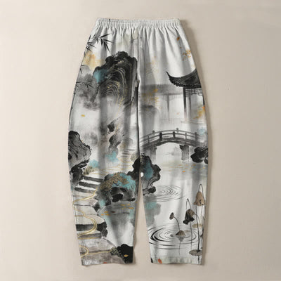 Buddha Stones Pure Cotton Ink Landscape Bamboo Pattern Drawstring Men's Tapered Pants With Pockets - image 3