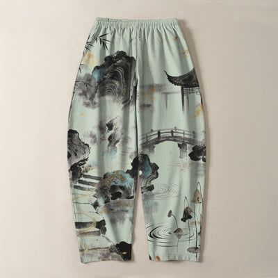 Buddha Stones Pure Cotton Ink Landscape Bamboo Pattern Drawstring Men's Tapered Pants With Pockets - image 14