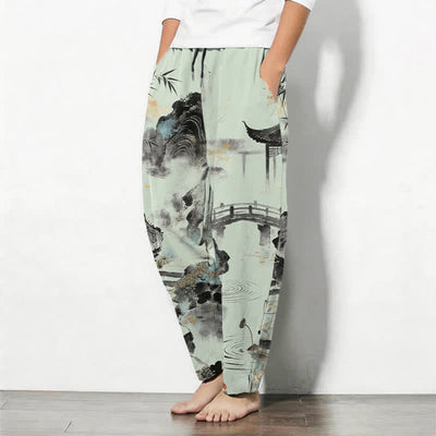 Buddha Stones Pure Cotton Ink Landscape Bamboo Pattern Drawstring Men's Tapered Pants With Pockets - image 12