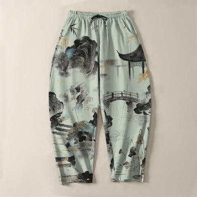Buddha Stones Pure Cotton Ink Landscape Bamboo Pattern Drawstring Men's Tapered Pants With Pockets - image 13