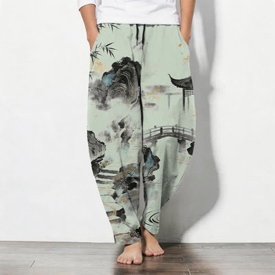 Buddha Stones Pure Cotton Ink Landscape Bamboo Pattern Drawstring Men's Tapered Pants With Pockets - PaleGreen - US/UK/AU50，EU60 (5XL) - image 11