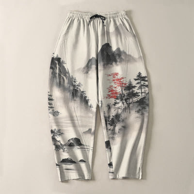Buddha Stones Pure Cotton Ink Wash Mountain Landscape Pattern Drawstring Men's Tapered Pants With Pockets - image 2