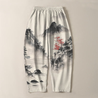 Buddha Stones Pure Cotton Ink Wash Mountain Landscape Pattern Drawstring Men's Tapered Pants With Pockets - image 3