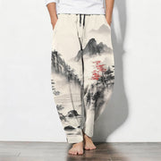 Foviel Pure Cotton Ink Wash Mountain Landscape Pattern Drawstring Men's Tapered Pants With Pockets
