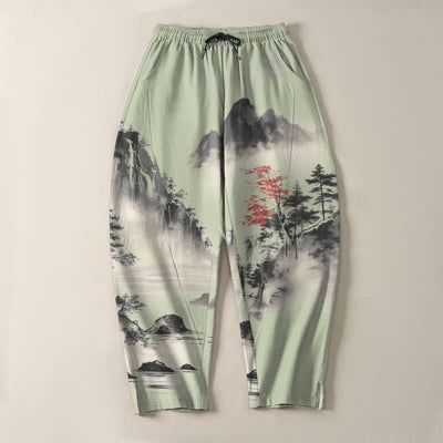 Buddha Stones Pure Cotton Ink Wash Mountain Landscape Pattern Drawstring Men's Tapered Pants With Pockets - image 9