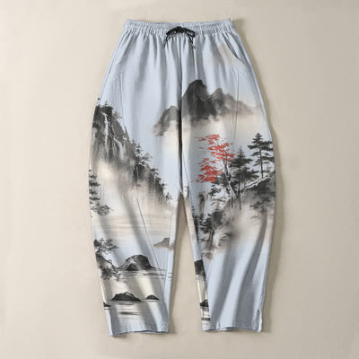 Buddha Stones Pure Cotton Ink Wash Mountain Landscape Pattern Drawstring Men's Tapered Pants With Pockets - image 13