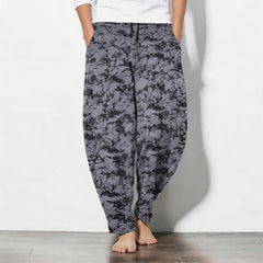 Buddha Stones Pure Cotton Dark Marble Camo Pattern Drawstring Men's Tapered Pants With Pockets - Gray - US/UK/AU50，EU60 (5XL) - image 0