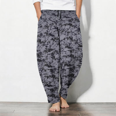 Buddha Stones Pure Cotton Dark Marble Camo Pattern Drawstring Men's Tapered Pants With Pockets - Gray - US/UK/AU50，EU60 (5XL) - image 0