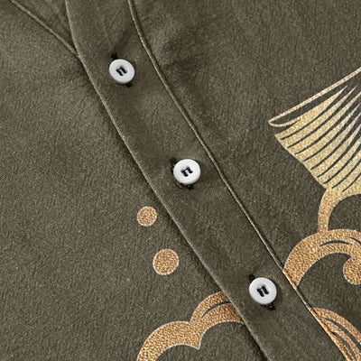 Buddha Stones Cotton Koi Fish Peony Pattern Men's Short Sleeve Half Button Shirt - image 3