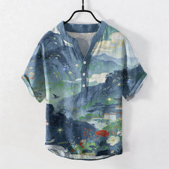 Buddha Stones Cotton Ink Wash Landscape Pattern Men's Short Sleeve Half Button Shirt - CadetBlue - US/UK/AU50，EU60 (5XL) - image 0