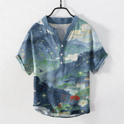 Buddha Stones Cotton Ink Wash Landscape Pattern Men's Short Sleeve Half Button Shirt - CadetBlue - US/UK/AU50，EU60 (5XL) - image 0