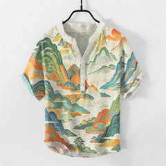 Buddha Stones Cotton Abstract Mountain Landscape Pattern Men's Short Sleeve Half Button Shirt - Ivory - US/UK/AU50，EU60 (5XL) - image 0