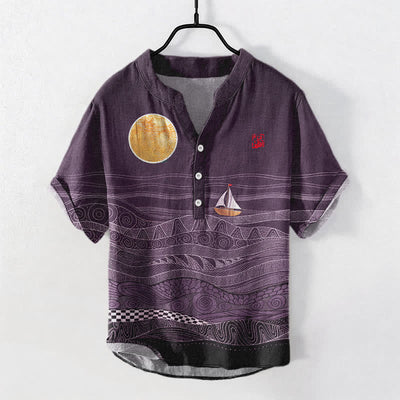 Buddha Stones Cotton Ocean Wave Sailboat Pattern Men's Short Sleeve Half Button Shirt - Purple - US/UK/AU50，EU60 (5XL) - image 7