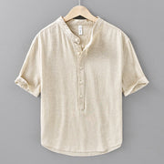 Foviel Summer Solid Color Men's Half Button Short Sleeve Cotton Linen Shirt
