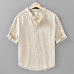 Buddha Stones Summer Solid Color Men's Half Button Short Sleeve Cotton Linen Shirt - Linen - US/UK/AU42，EU52 (3XL) - image 0
