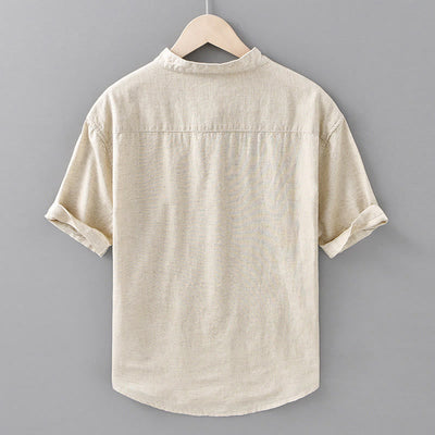 Buddha Stones Summer Solid Color Men's Half Button Short Sleeve Cotton Linen Shirt - image 2