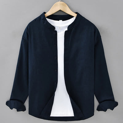 Buddha Stones Spring Casual Mandarin Collar Button-Up Solid Cotton Linen Men's Long Sleeve Shirts - Navy - US/UK/AU42，EU52 (3XL) - image 9