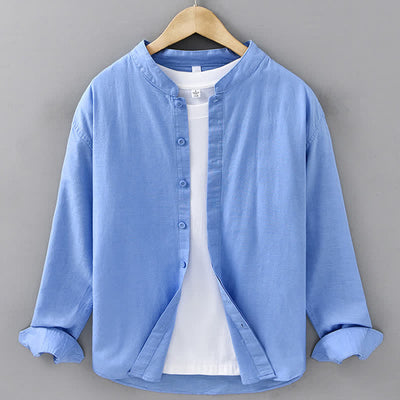 Buddha Stones Spring Casual Mandarin Collar Button-Up Solid Cotton Linen Men's Long Sleeve Shirts - CornflowerBlue - US/UK/AU42，EU52 (3XL) - image 13