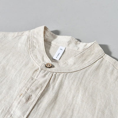 Buddha Stones Spring Casual Mandarin Collar Solid Linen Men's Long Sleeve Shirts With Patch Pocket - image 4