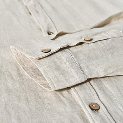 Buddha Stones Spring Casual Mandarin Collar Solid Linen Men's Long Sleeve Shirts With Patch Pocket - image 7