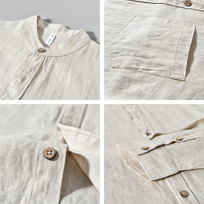 Buddha Stones Spring Casual Mandarin Collar Solid Linen Men's Long Sleeve Shirts With Patch Pocket - image 3