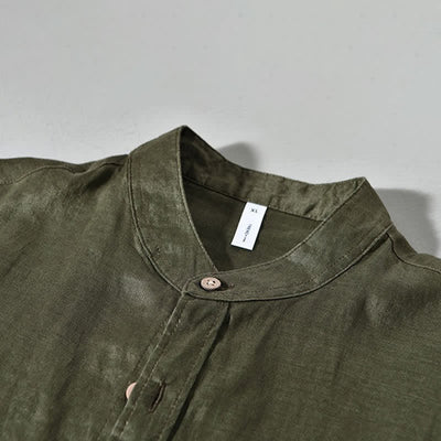 Buddha Stones Spring Casual Mandarin Collar Solid Linen Men's Long Sleeve Shirts With Patch Pocket - image 18
