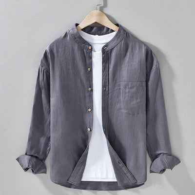 Buddha Stones Spring Casual Mandarin Collar Solid Linen Men's Long Sleeve Shirts With Patch Pocket - SlateGray - US/UK/AU42，EU52 (3XL) - image 13