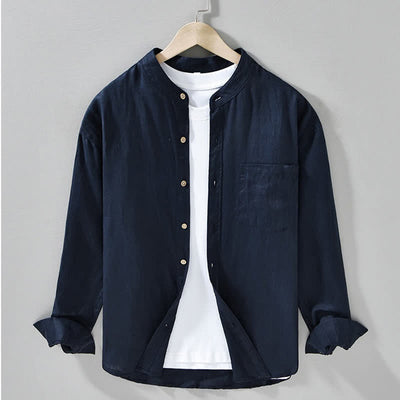 Buddha Stones Spring Casual Mandarin Collar Solid Linen Men's Long Sleeve Shirts With Patch Pocket - MidnightBlue - US/UK/AU42，EU52 (3XL) - image 9