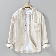 Foviel Spring Casual Mandarin Collar Solid Linen Men's Long Sleeve Shirts With Patch Pocket