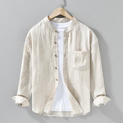 Buddha Stones Spring Casual Mandarin Collar Solid Linen Men's Long Sleeve Shirts With Patch Pocket - Beige - US/UK/AU42，EU52 (3XL) - image 0