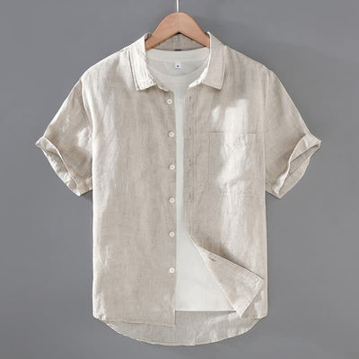 Buddha Stones Summer Casual Button-Up Solid Linen Men's Short Sleeve Shirts With Patch Pocket - Beige - US/UK/AU42，EU52 (3XL) - image 0