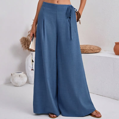 Buddha Stones Spring Casual Retro Plain Drawstring Women's Wide Leg Pants With Pockets - RoyalBlue - US14，UK/AU18，EU46 (2XL) - image 0