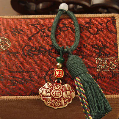 Buddha Stones Brass Hand-Woven Red String Fu Character Blessing Tassel Keychains - Longevity Lock Green Tassel - image 8