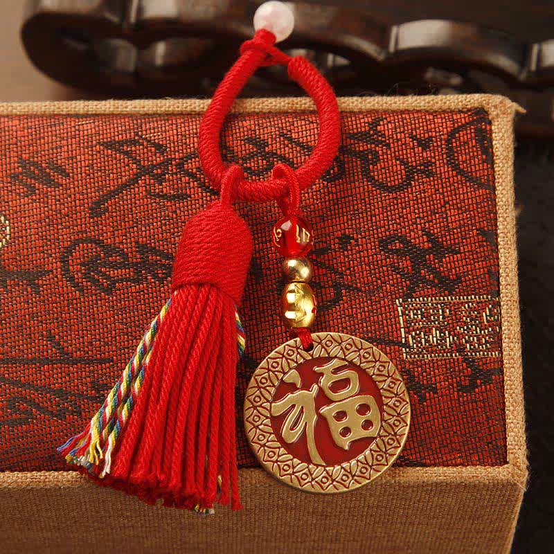 FREE Today: Blessing and Fortune Brass Hand-Woven Red String Fu Character Tassel Keychains - Fu Plaque Red Tassel - image 9