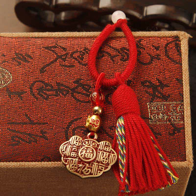 FREE Today: Blessing and Fortune Brass Hand-Woven Red String Fu Character Tassel Keychains - Longevity Lock Red Tassel - image 3