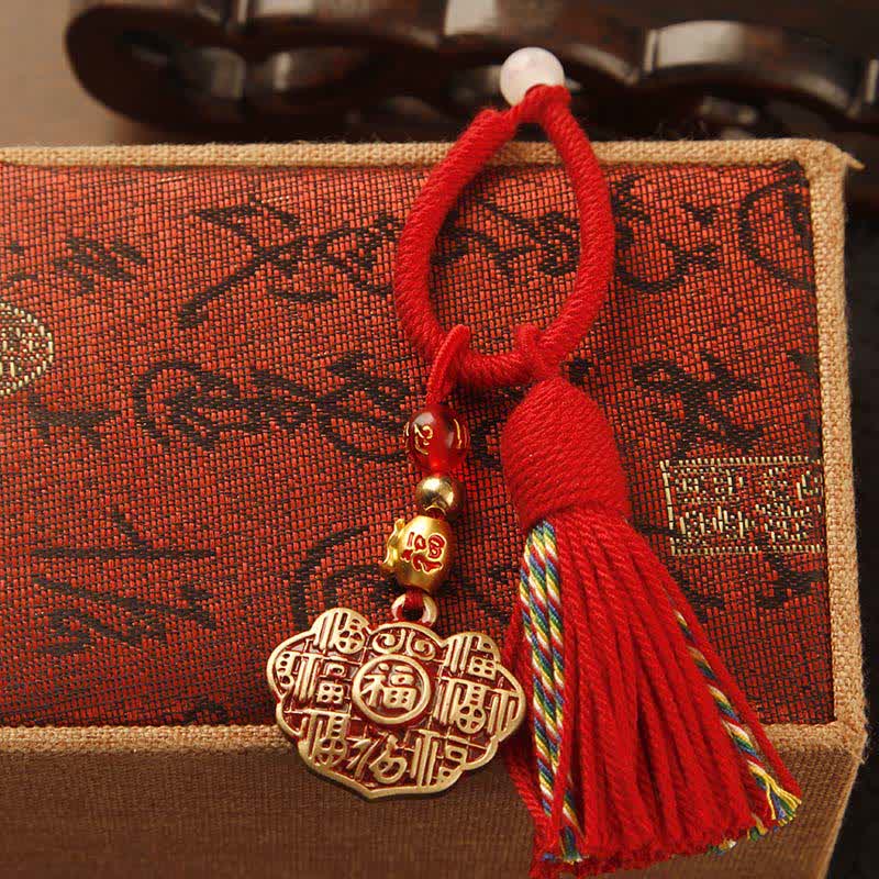 FREE Today: Blessing and Fortune Brass Hand-Woven Red String Fu Character Tassel Keychains - Longevity Lock Red Tassel - image 3