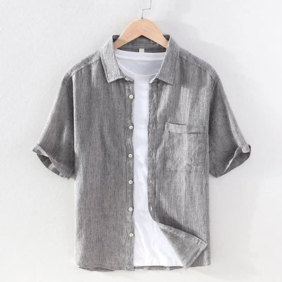 Buddha Stones Summer Casual Solid Striped Linen Men's Short Sleeve Shirts With Patch Pocket - LightGray - US/UK/AU42，EU52 (3XL) - image 7