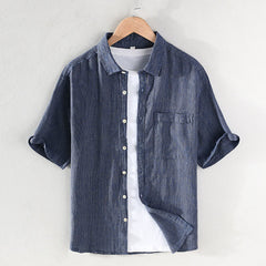 Buddha Stones Summer Casual Solid Striped Linen Men's Short Sleeve Shirts With Patch Pocket - SteelBlue - US/UK/AU42，EU52 (3XL) - image 0