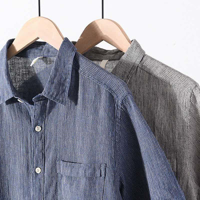 Buddha Stones Summer Casual Solid Striped Linen Men's Short Sleeve Shirts With Patch Pocket - image 21