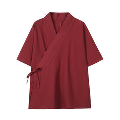 Buddha Stones Spring Summer Minimalist Drawstring Solid Cotton Linen Men's Kimono - Firebrick - US/UK/AU46，EU56 (5XL) - image 0