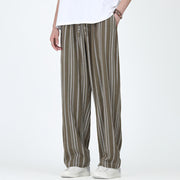 Foviel Spring Summer Casual Vintage Drawstring Vertical Striped Ankle Pants Men's Straight Leg Pants With Pocket