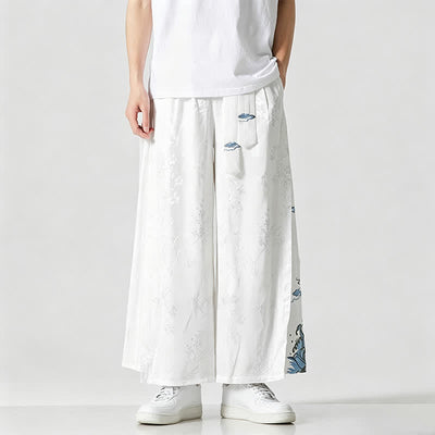Buddha Stones Spring Summer Tang Style Drawstring Embroidery Abstract Cropped Pants Men's Wide Leg Pants With Pocket - White - US/UK/AU46，EU56 (5XL) - image 12